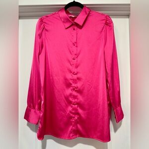 Vibrant Hot Pink Women's Button-Up Satin Blouse